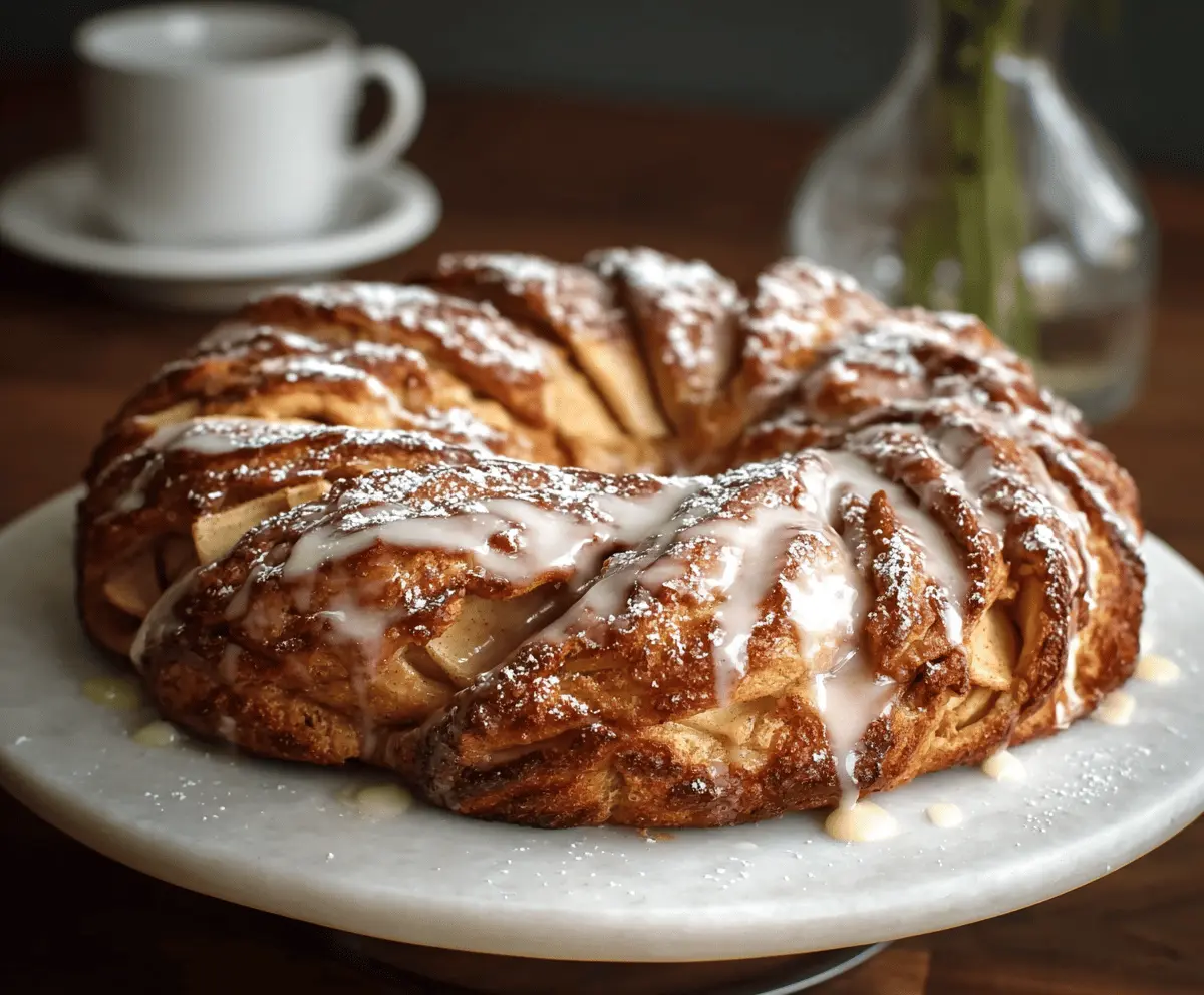Delicious Cozy Apple Kringle topped with smooth vanilla glaze on a rustic plate, ready to serve