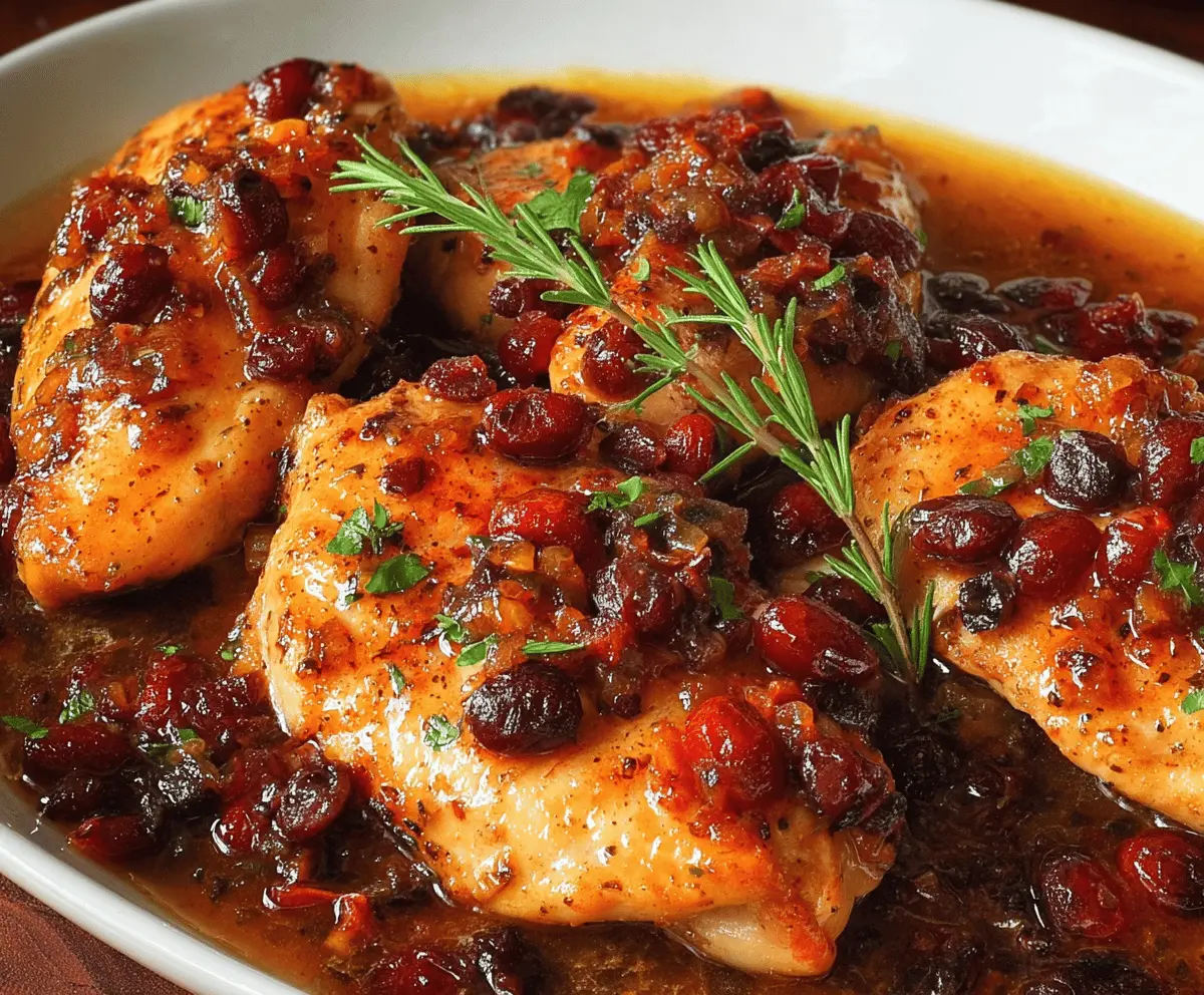 Juicy cranberry orange chicken garnished with fresh herbs on a white plate, served with side vegetables, perfect for a flavorful holiday meal.