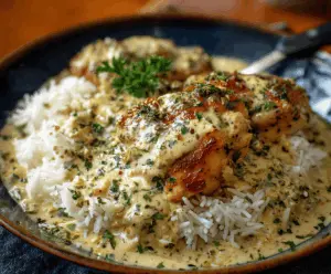 Creamy herb chicken served with fluffy basmati rice on a white plate, garnished with fresh herbs for a flavorful one-pan comfort meal