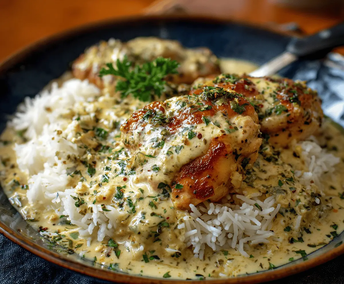 Creamy herb chicken served with fluffy basmati rice on a white plate, garnished with fresh herbs for a flavorful one-pan comfort meal