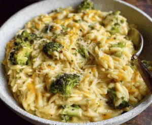 Creamy one-pot broccoli cheddar orzo pasta dish, quick and delicious meal with melted cheese and fresh broccoli