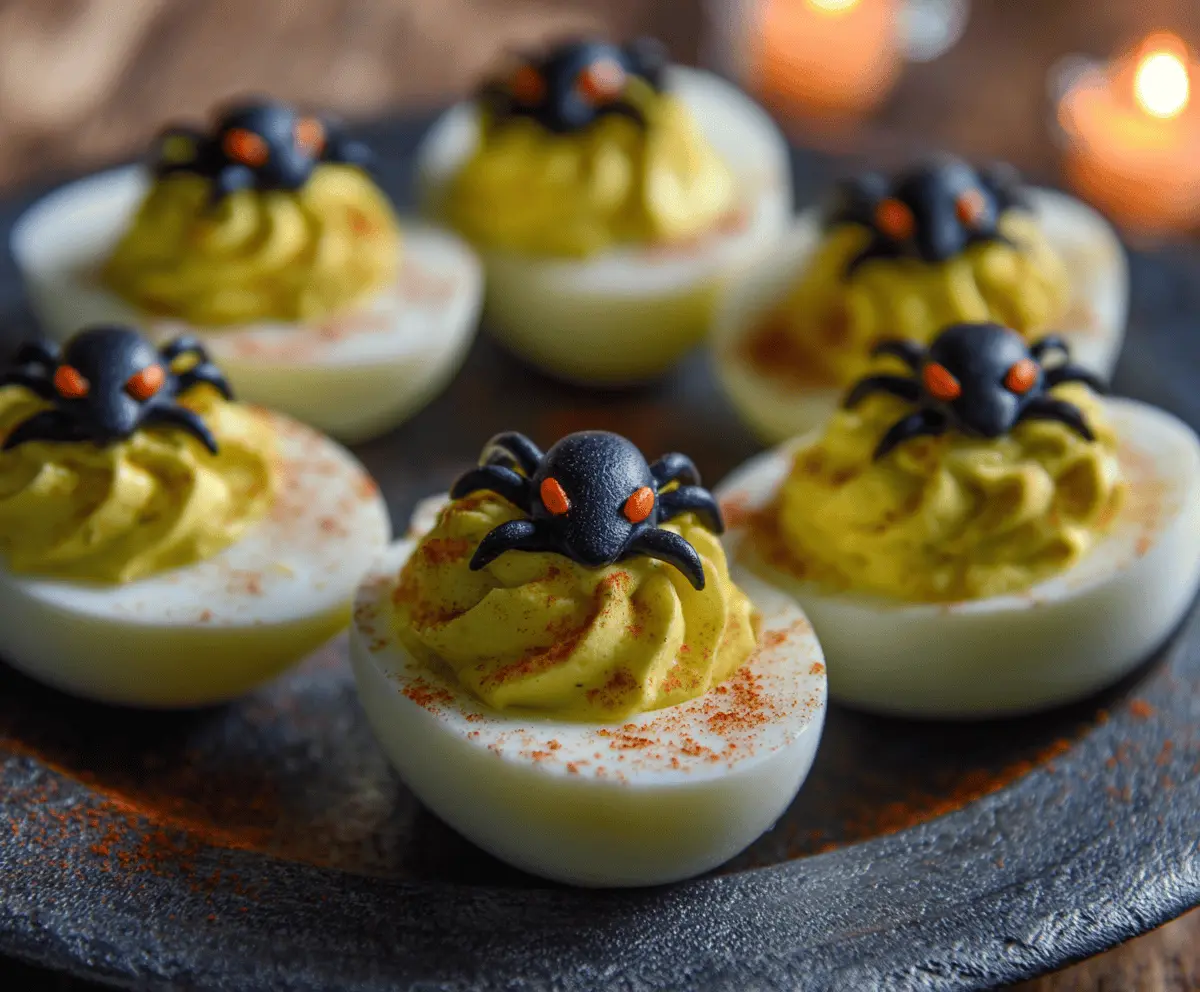 Spooky Halloween Creepy Deviled Eggs decorated with eerie toppings for a festive spooky appetizer.