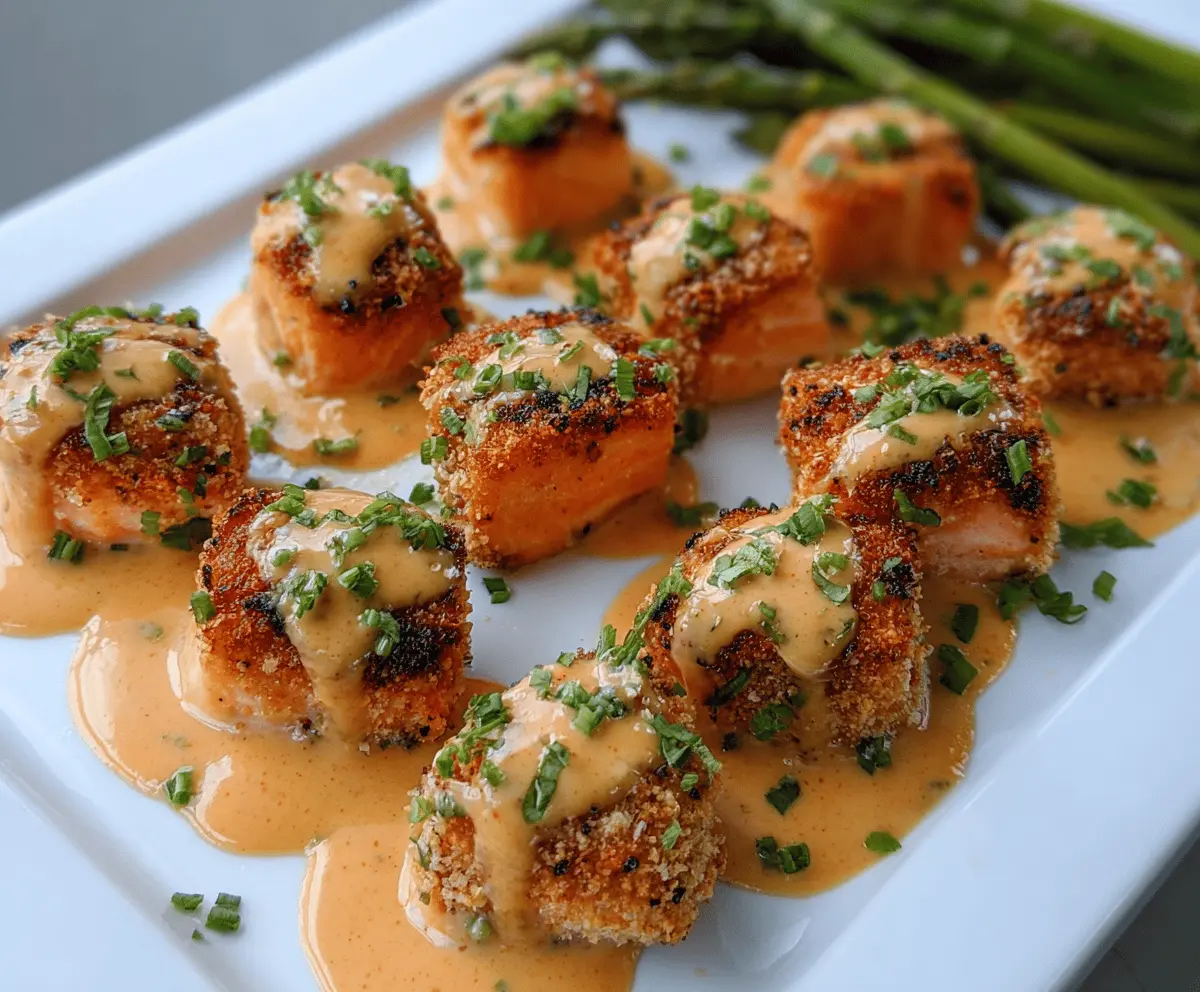 Crispy Bang Bang Salmon Bites garnished with green onions on a white plate, served with dipping sauce