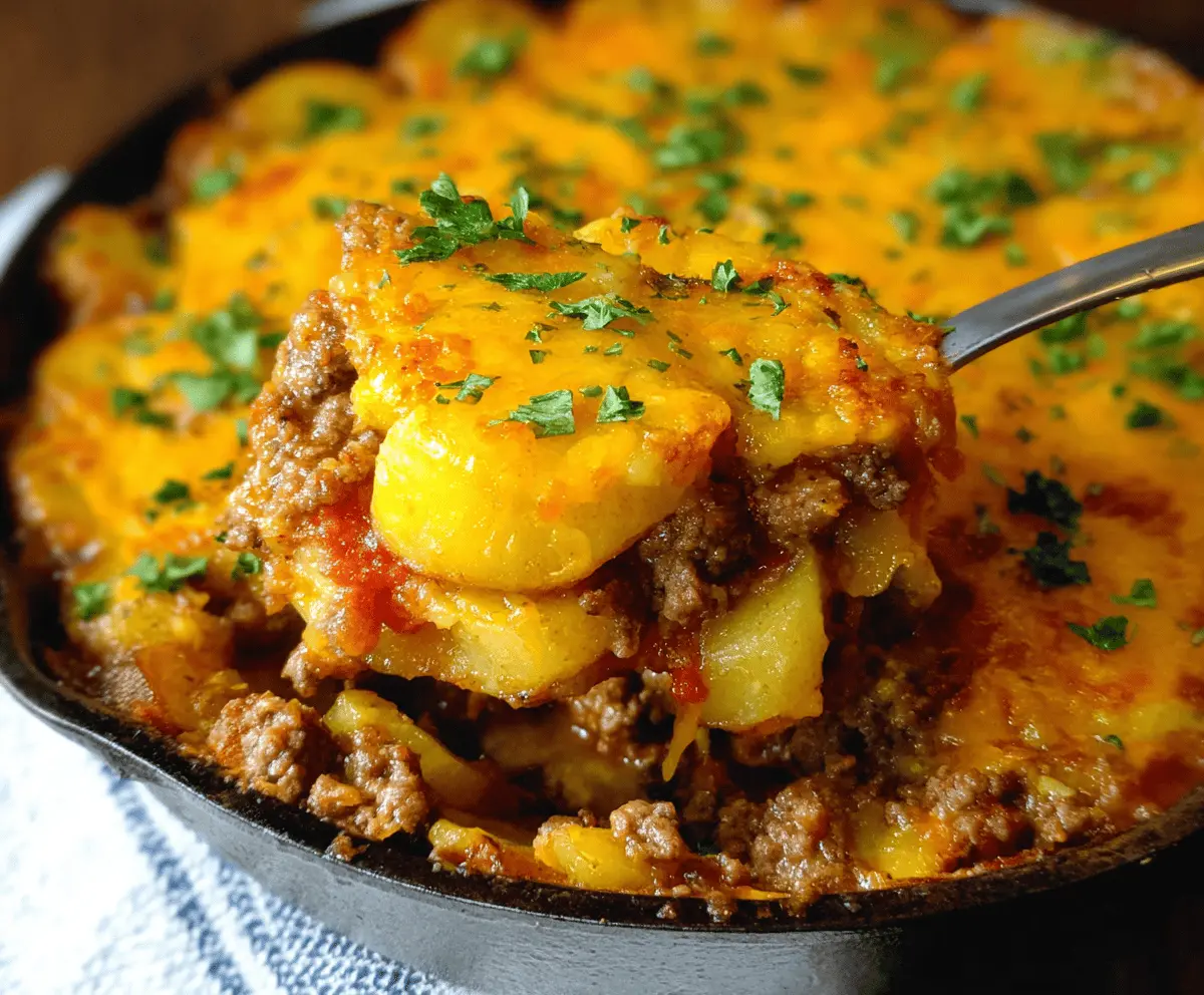 Delicious ground beef and potatoes casserole topped with melted cheese, ready to serve
