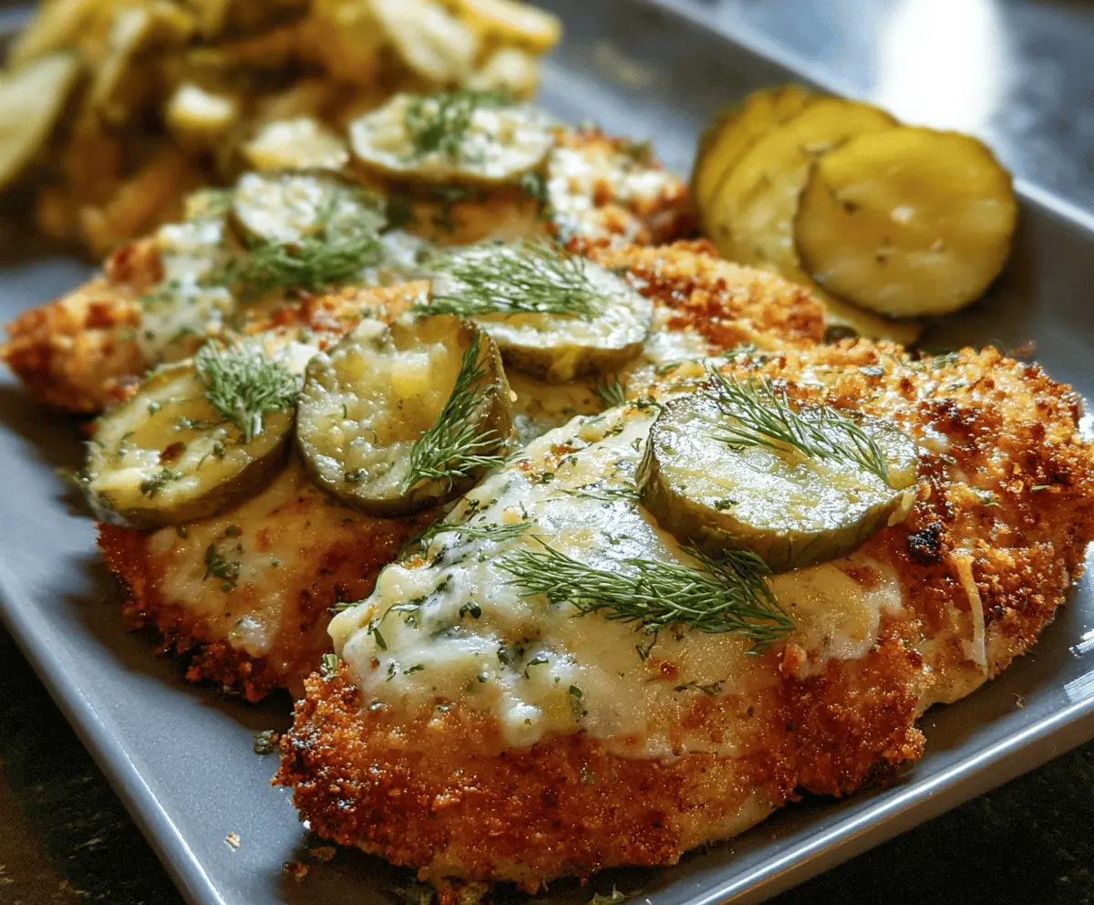 Juicy baked Parmesan chicken topped with chopped dill pickles and fresh herbs, served on a plate with a side of vegetables.