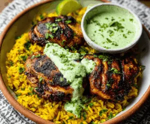 Delicious easy Peruvian chicken and rice served with vibrant green sauce on a plate, perfect for a flavorful meal