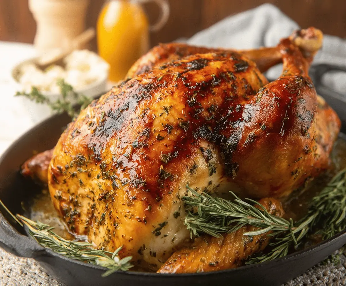 Juicy garlic herb butter roast turkey garnished with fresh herbs on a serving platter, perfect for holiday feast