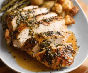 Juicy garlic herb slow cooker turkey breast served with fresh herbs and vegetables