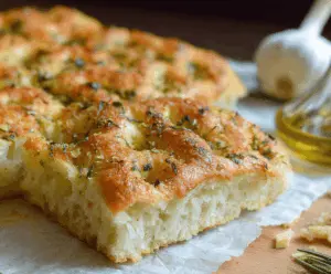 Golden garlic Parmesan focaccia bread topped with fresh herbs and melted cheese, featuring a crispy crust and soft interior, perfect for snacking or sharing