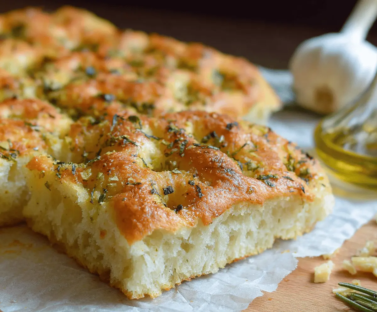 Golden garlic Parmesan focaccia bread topped with fresh herbs and melted cheese, featuring a crispy crust and soft interior, perfect for snacking or sharing