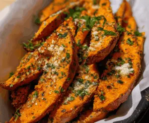 Golden Garlic Parmesan Sweet Potato Wedges topped with fresh herbs on a rustic serving platter, perfect for a healthy snack or side dish.