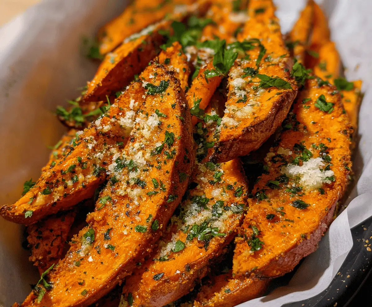 Golden Garlic Parmesan Sweet Potato Wedges topped with fresh herbs on a rustic serving platter, perfect for a healthy snack or side dish.