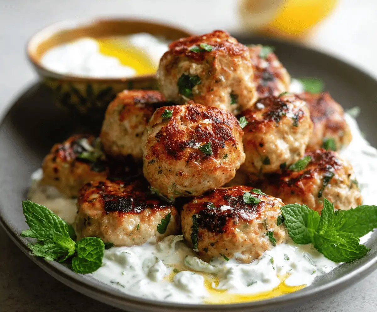 Delicious Greek turkey meatballs served with creamy tzatziki sauce on a plate, garnished with fresh herbs and lemon slices