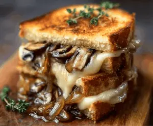 Delicious grilled cheese sandwich with melted Gouda, roasted mushrooms, and caramelized onions on toasted bread