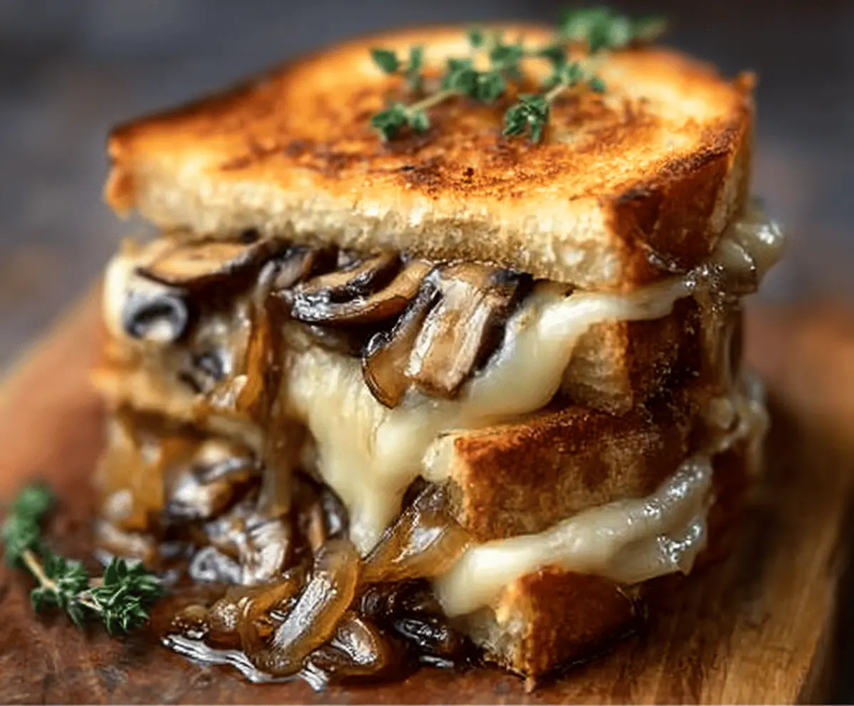 Delicious grilled cheese sandwich with melted Gouda, roasted mushrooms, and caramelized onions on toasted bread