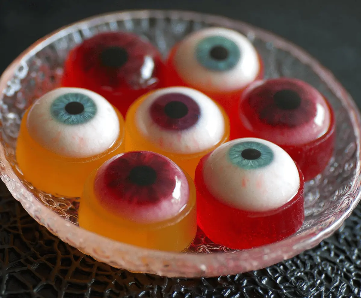 Colorful Halloween eyeball Jello shots with gummy eyeballs and spooky presentation for a festive party treat