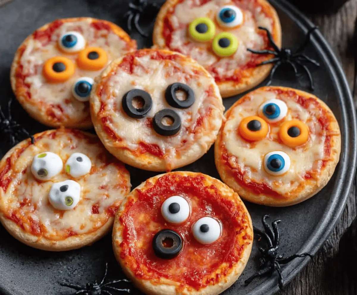 Halloween mini pizzas decorated as creepy eyeballs with colorful toppings, perfect for kids' spooky party treats.