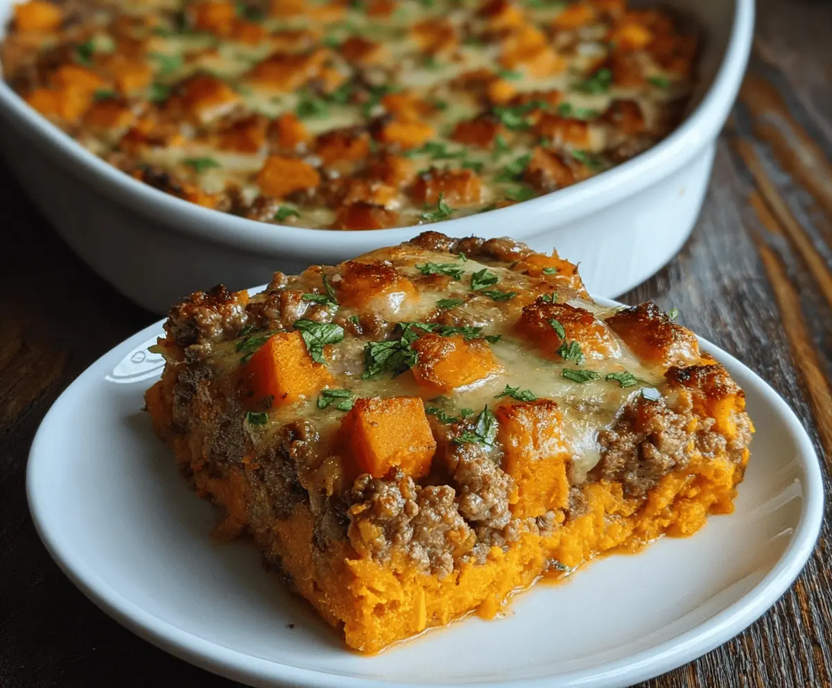 Healthy ground turkey and sweet potato bake ready for dinner, featuring a colorful, nutritious casserole topped with herbs and vegetables.