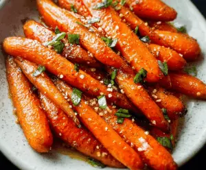 Sweet and savory honey garlic roasted carrots on a plate, garnished with fresh herbs, perfect for a healthy side dish.