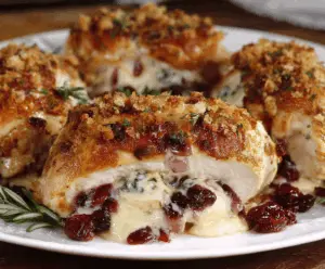 Creamy Brie cheese and tangy cranberries stuffed inside juicy roasted chicken breast, garnished with fresh herbs for an impressive and flavorful main dish