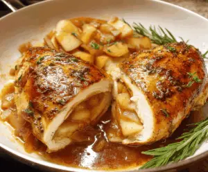 Juicy chicken breast stuffed with melted Brie cheese and sliced apples, glazed with sweet maple syrup, served as Maple Glazed Apple and Brie Stuffed Chicken.