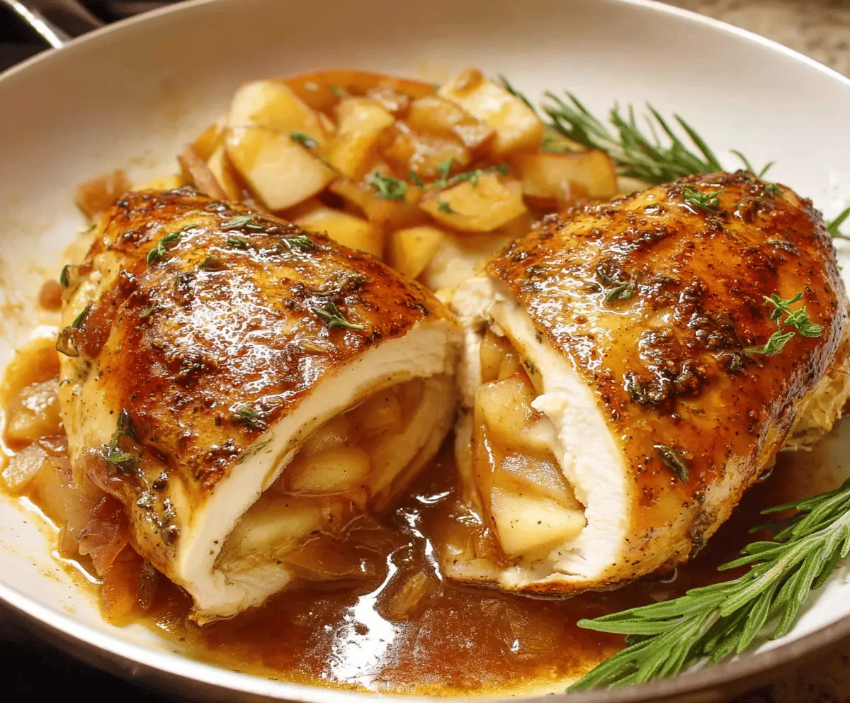 Juicy chicken breast stuffed with melted Brie cheese and sliced apples, glazed with sweet maple syrup, served as Maple Glazed Apple and Brie Stuffed Chicken.