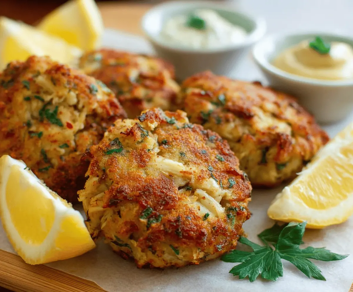 Golden Maryland style crab cake with fresh crab meat and crispy crust, served on a plate with lemon wedge and fresh greens
