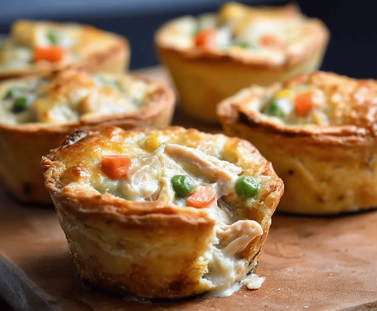 Delicious mini chicken pot pies topped with golden flaky crust, filled with tender chicken and vegetable filling, perfect for a comforting meal.
