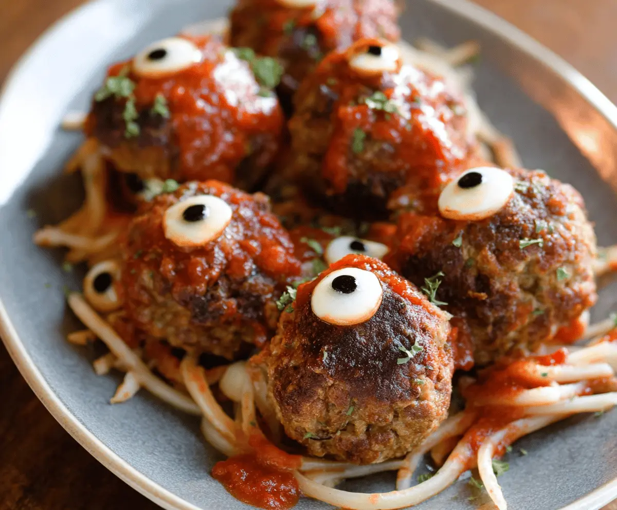 Spooky Monster Eyeball Meatballs on a platter, perfect for keto party food and Halloween celebrations