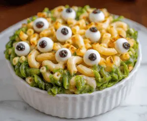 Creamy monster mac and cheese with spooky, creepy Halloween-themed toppings for a fun and festive dinner.