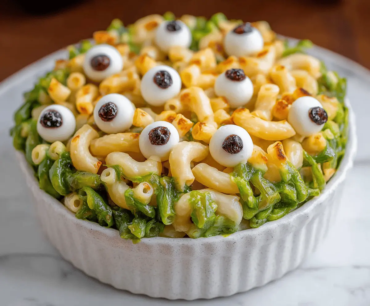 Creamy monster mac and cheese with spooky, creepy Halloween-themed toppings for a fun and festive dinner.