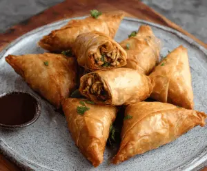 Golden Moroccan Spiced Chicken Briouats served with fresh herbs and dipping sauce, crispy pastry appetizers perfect for flavorful gatherings.