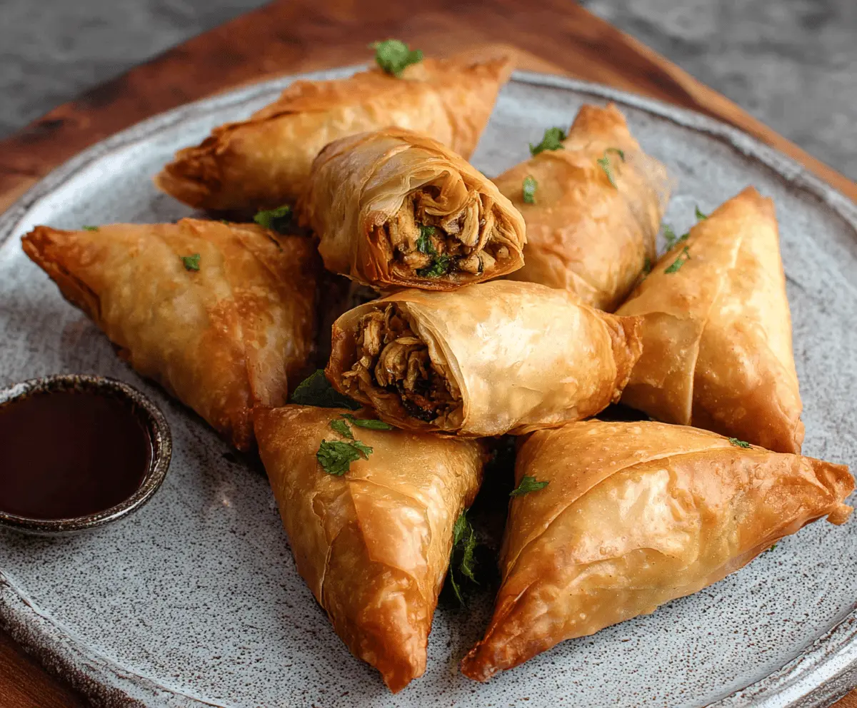 Golden Moroccan Spiced Chicken Briouats served with fresh herbs and dipping sauce, crispy pastry appetizers perfect for flavorful gatherings.
