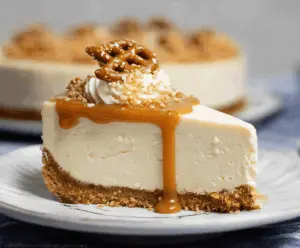 Delicious no-bake salted caramel cheesecake with a creamy texture and caramel drizzle on top, served on a decorative plate