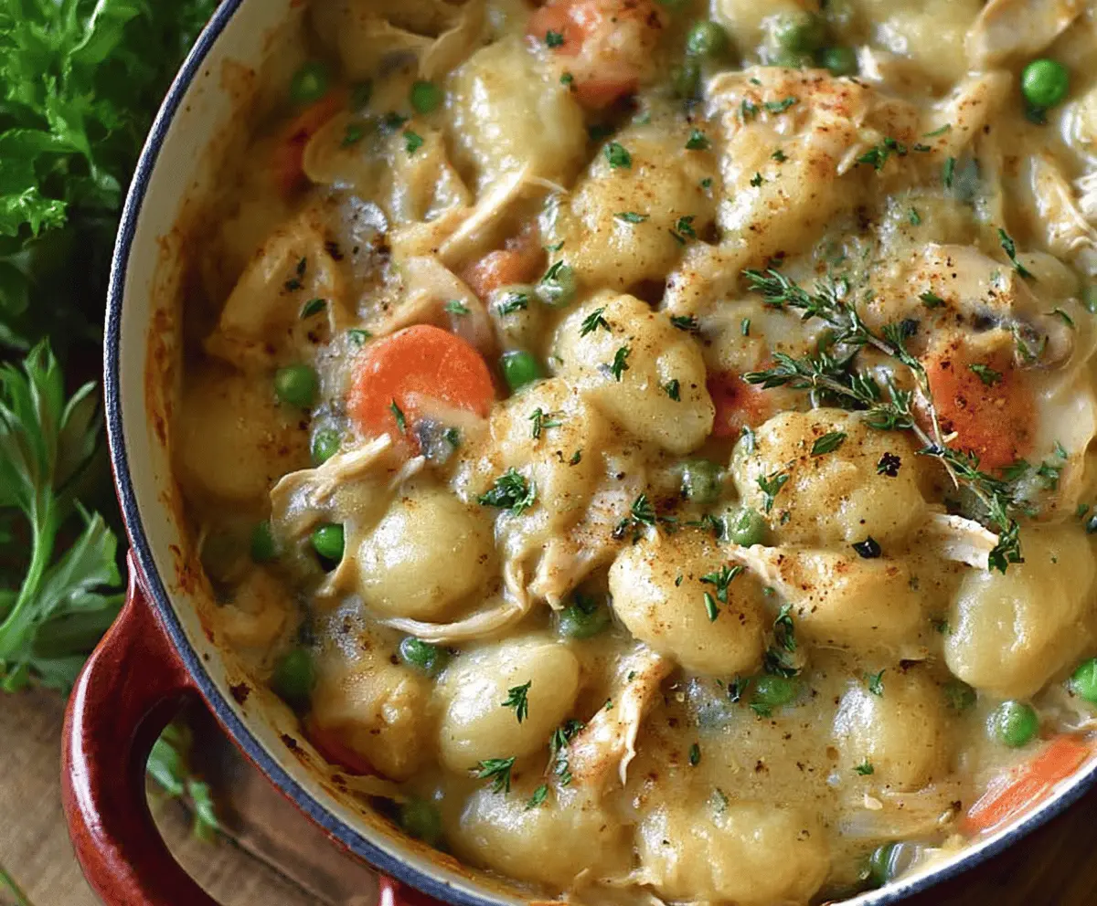 Creamy one-pot gnocchi chicken pot pie served in a rustic bowl, topped with fresh herbs and flaky pastry crust for a comforting, easy-to-make meal.