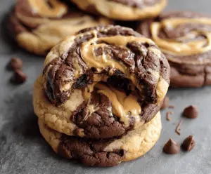 Delicious peanut butter brownie swirl cookies with a rich, chocolate and peanut butter marbled appearance, perfect for dessert or snack time.