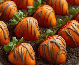 Delicious chocolate-covered strawberries decorated as pumpkin patch pumpkins for a festive fall treat