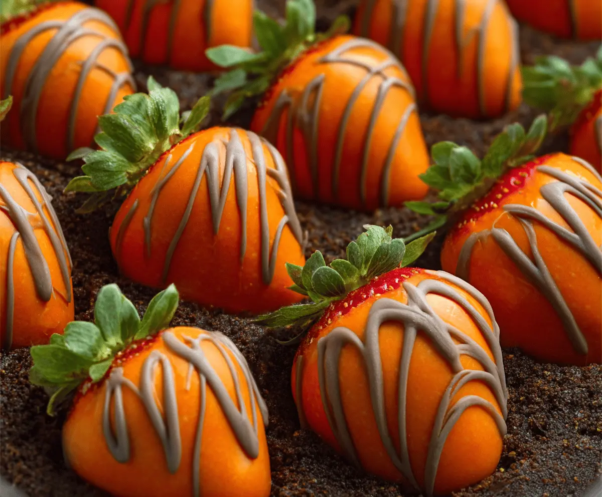 Delicious chocolate-covered strawberries decorated as pumpkin patch pumpkins for a festive fall treat