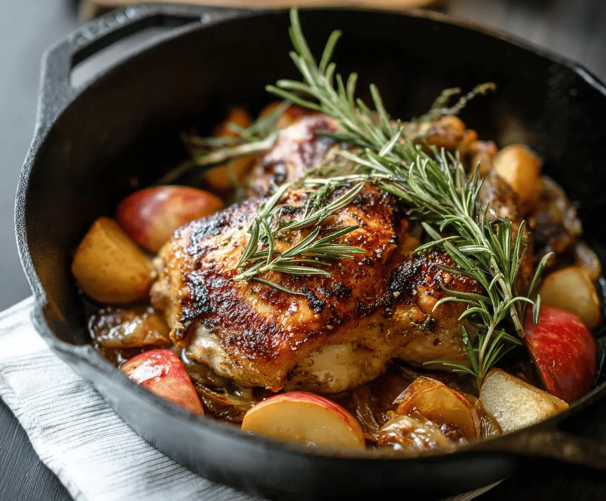 Juicy rosemary apple cider chicken breast topped with fresh herbs and apple slices, served on a rustic wooden plate for a flavorful and comforting meal.