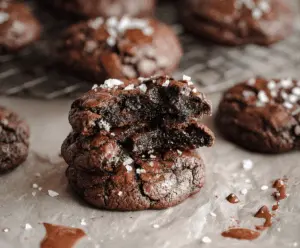 Delicious salted brownie cookies with cracked chocolate surface and a sprinkle of sea salt, perfect for sweet and salty dessert lovers