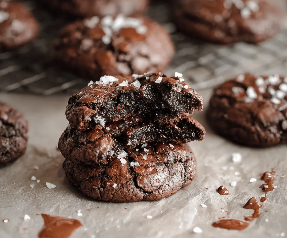 Delicious salted brownie cookies with cracked chocolate surface and a sprinkle of sea salt, perfect for sweet and salty dessert lovers