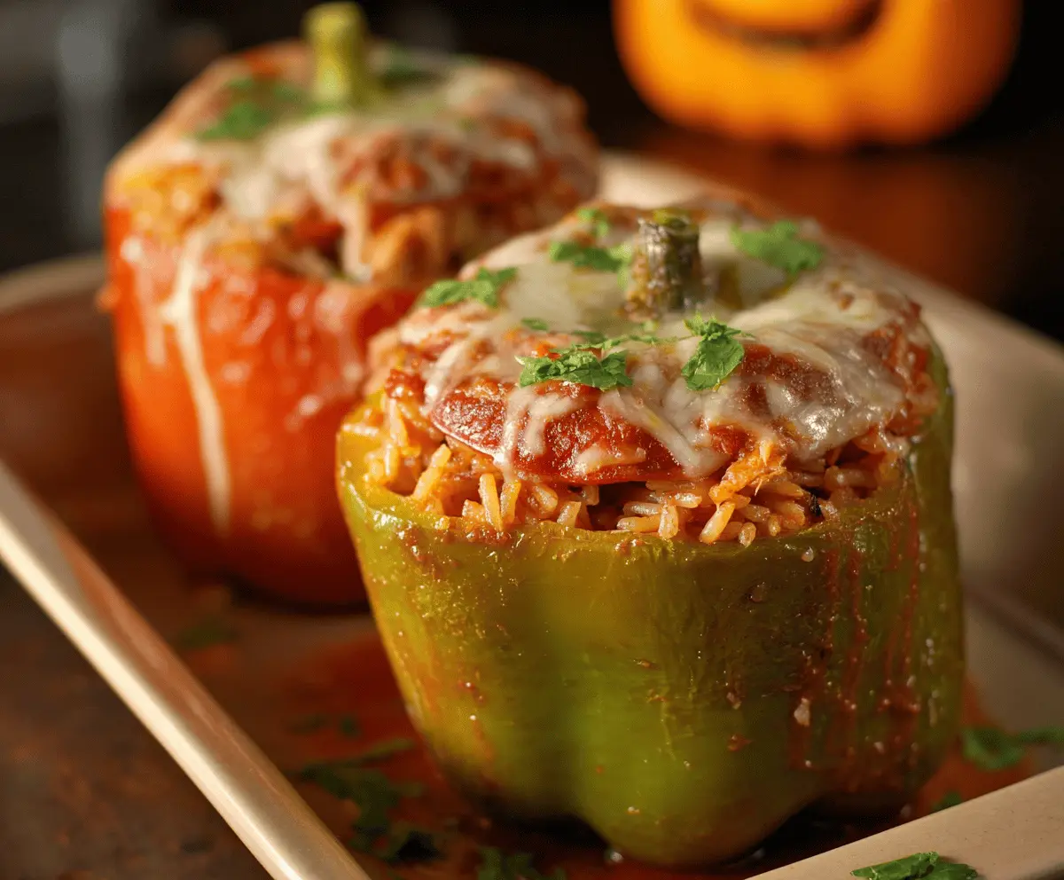 Halloween Shredded Chicken & Rice Stuffed Peppers Recipe