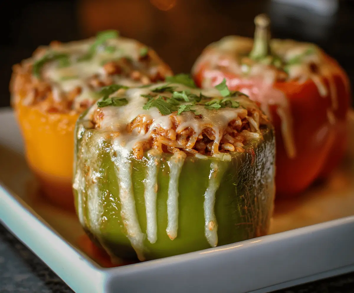 Delicious shredded chicken and rice stuffed peppers decorated for Halloween, perfect for a festive and healthy dinner