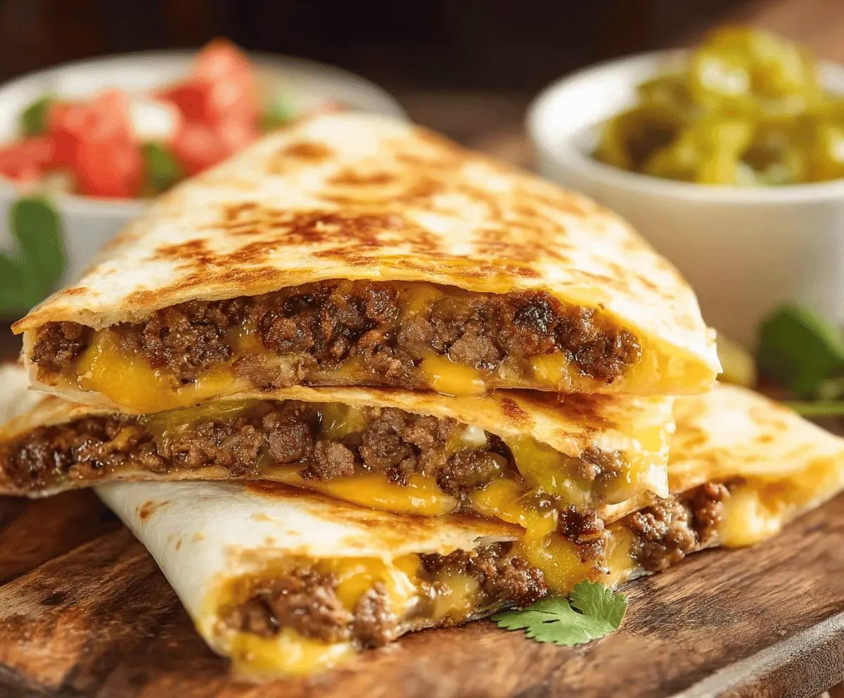 Golden crispy Smashburger Quesadillas filled with melted cheese and savory fillings, served with fresh salsa and toppings