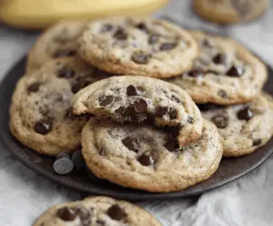 Delicious soft and chewy banana chocolate chip cookies fresh out of the oven, showcasing golden-brown edges and melted chocolate chips in each bite