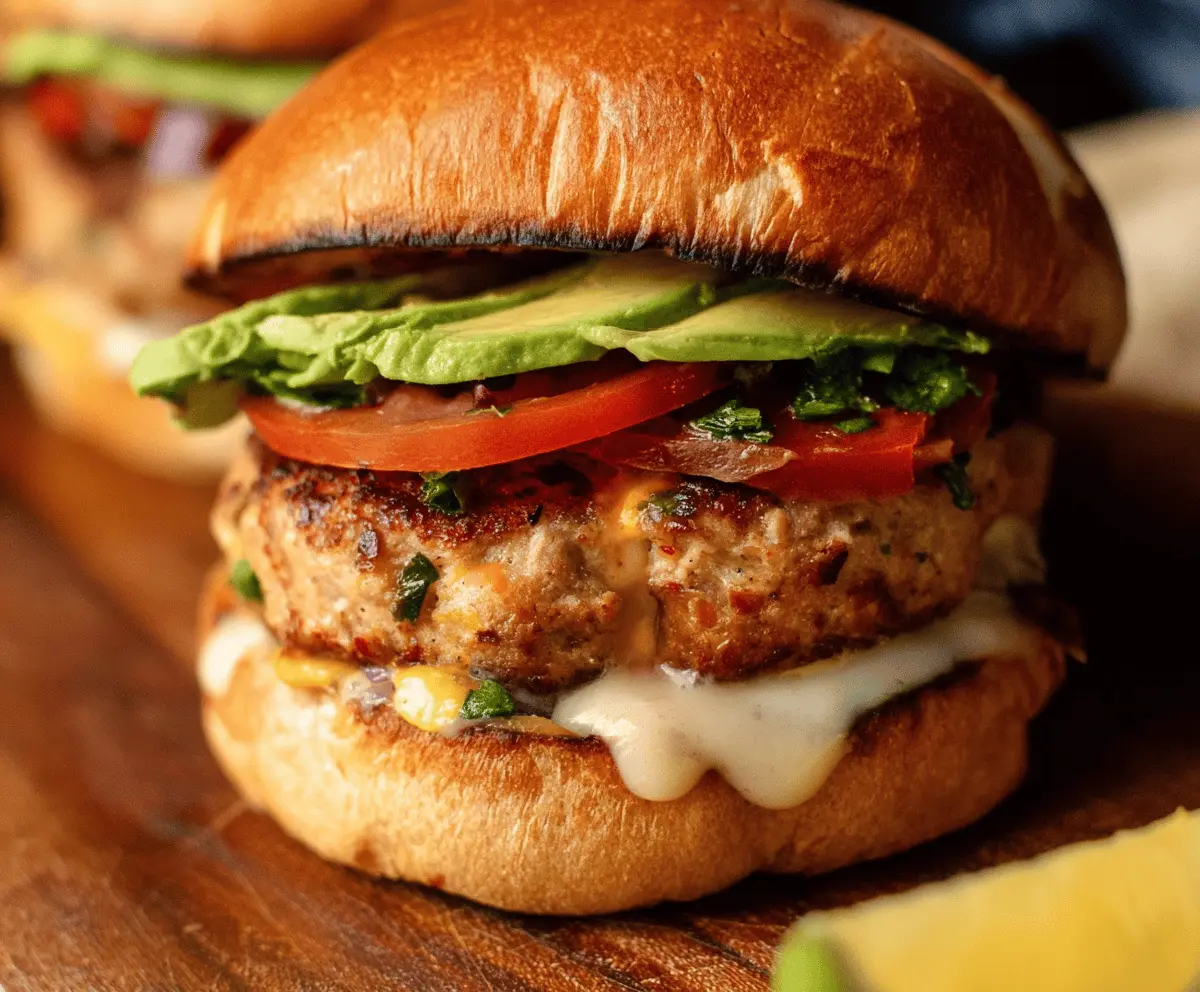 Juicy Spicy Southwest Turkey Burgers topped with fresh lettuce, tomatoes, and sliced onions on a toasted bun, served with a side of crispy sweet potato fries.