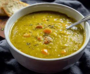 A bowl of warm, hearty split pea soup garnished with chopped herbs and served with crusty bread on a rustic wooden table.