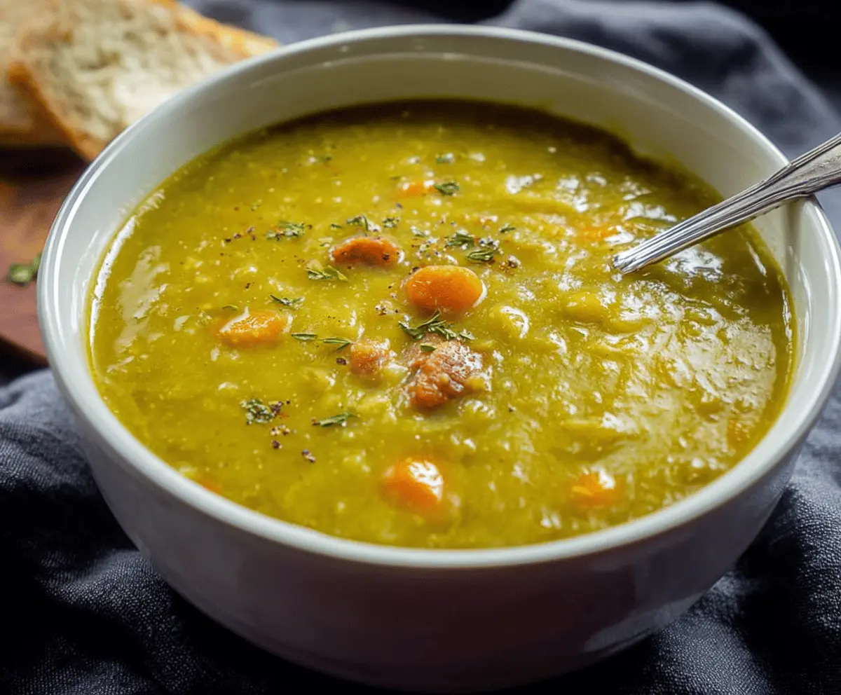 A bowl of warm, hearty split pea soup garnished with chopped herbs and served with crusty bread on a rustic wooden table.