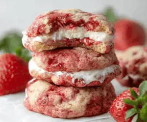 Delicious homemade strawberry cheesecake cookies with fresh strawberries and creamy cheesecake filling on a white plate