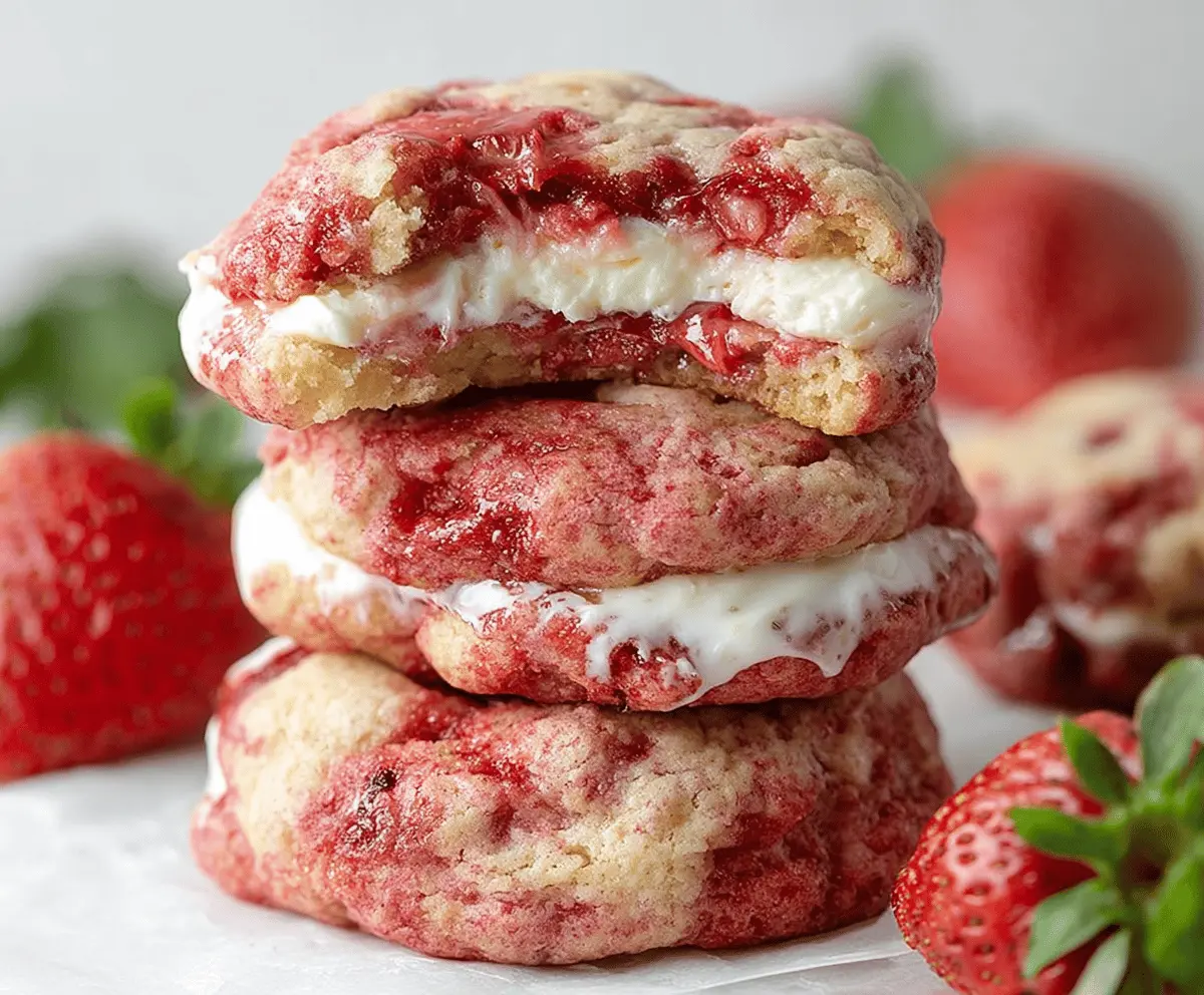 Delicious homemade strawberry cheesecake cookies with fresh strawberries and creamy cheesecake filling on a white plate